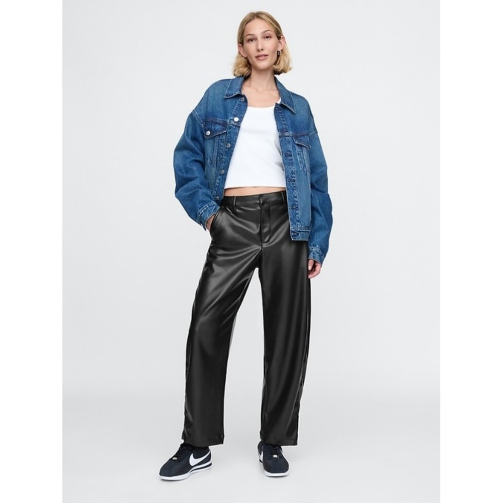 Gap Faux Leather Pants 10 Petite Black Wide Leg Cropped High Rise 681035-00